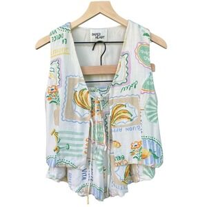 Paper Heart Linen Blend Vest Shorts Set Fruit Italian Postcard Print Matching S